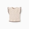 Knitted vest with crochet and ruffles B&S for girls, beige