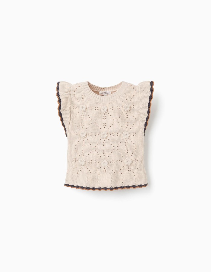 Knitted vest with crochet and ruffles B&S for girls, beige