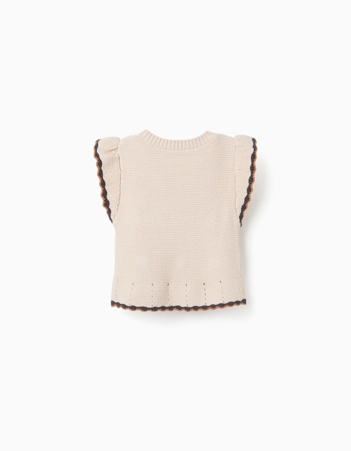 Knitted vest with crochet and ruffles B&S for girls, beige