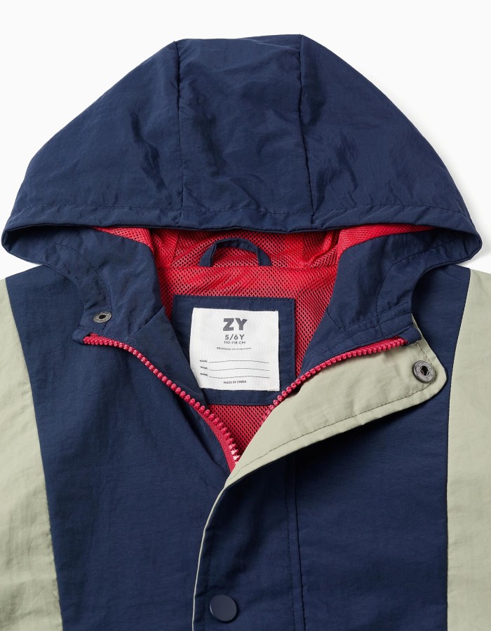 Hooded nylon parka with elastic ends for boys, dark blue/green