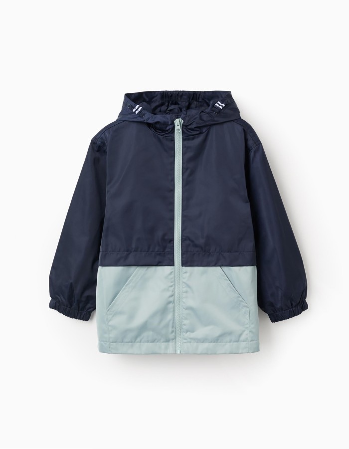 Hooded windbreaker with pockets for boys, dark blue/green