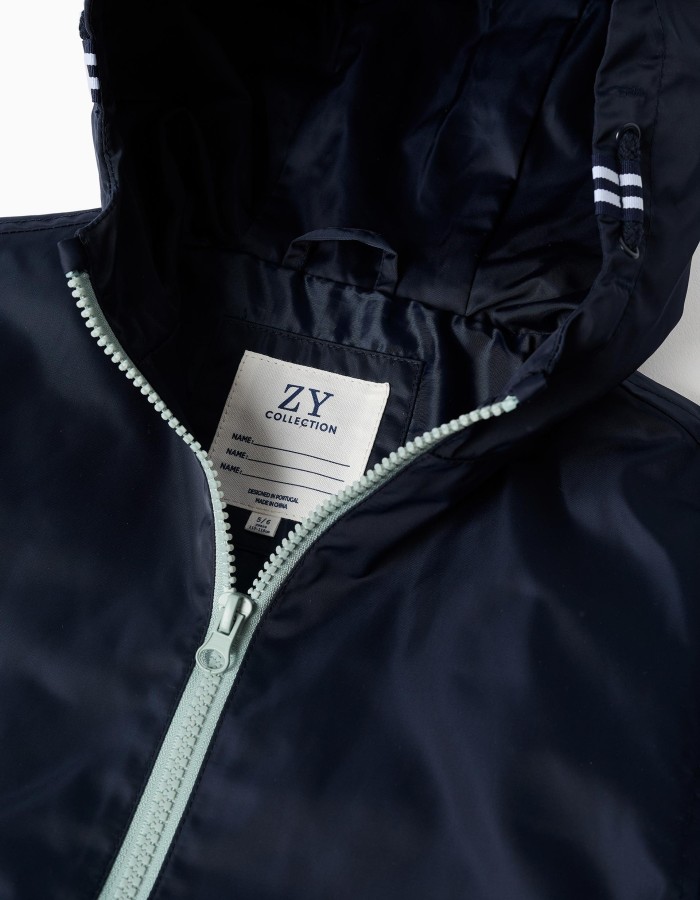Hooded windbreaker with pockets for boys, dark blue/green