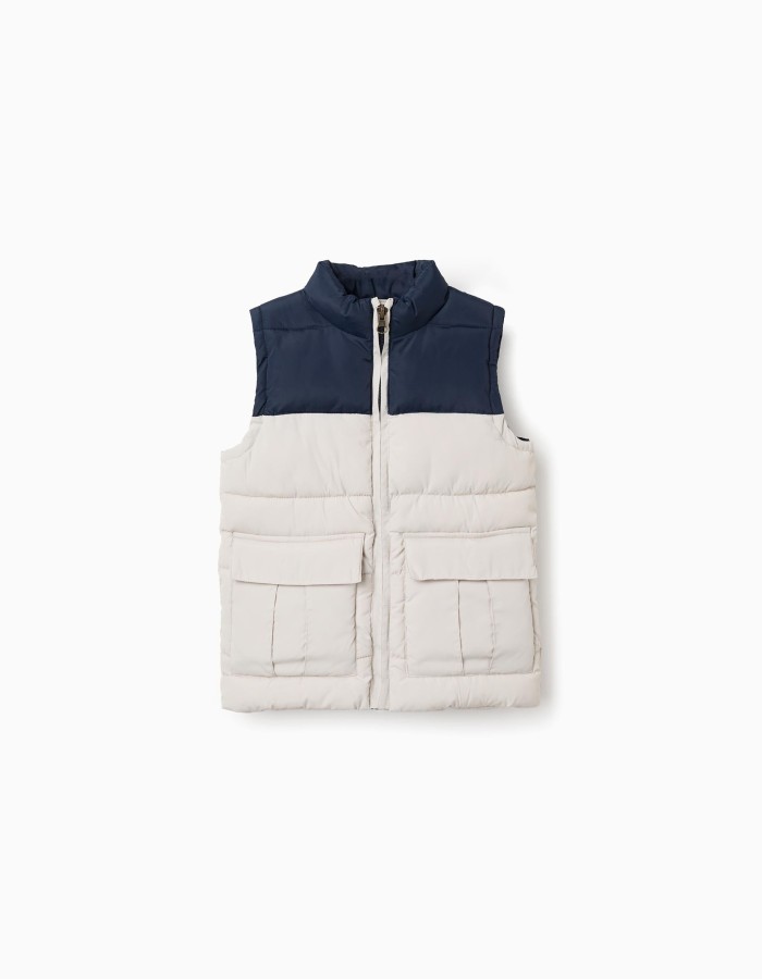 Padded vest with flap pockets for boys, dark blue/beige