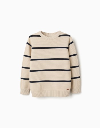 Cotton knit jumper with stripes for boys, beige/dark blue