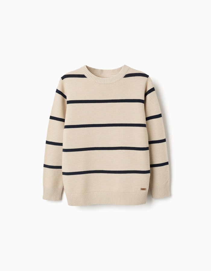 Cotton knit jumper with stripes for boys, beige/dark blue