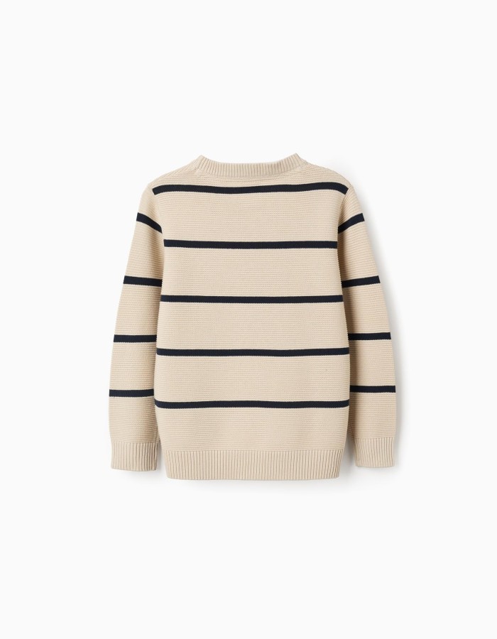 Cotton knit jumper with stripes for boys, beige/dark blue