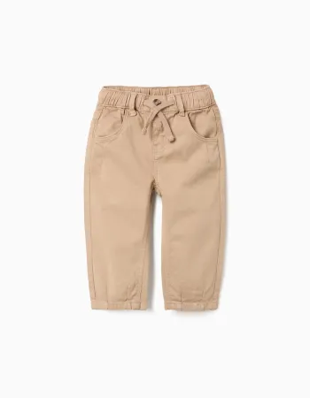 Baggy twill trousers with drawstring for baby boys, beige