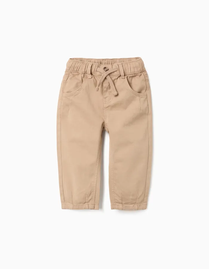 Baggy twill trousers with drawstring for baby boys, beige