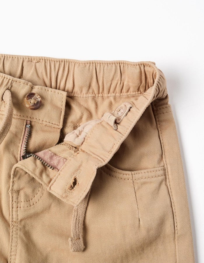 Baggy twill trousers with drawstring for baby boys, beige