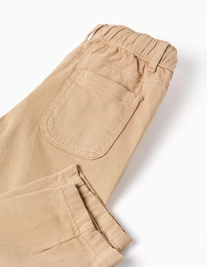 Baggy twill trousers with drawstring for baby boys, beige