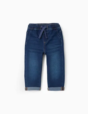 Slim jeans with drawstring for baby boys, dark blue