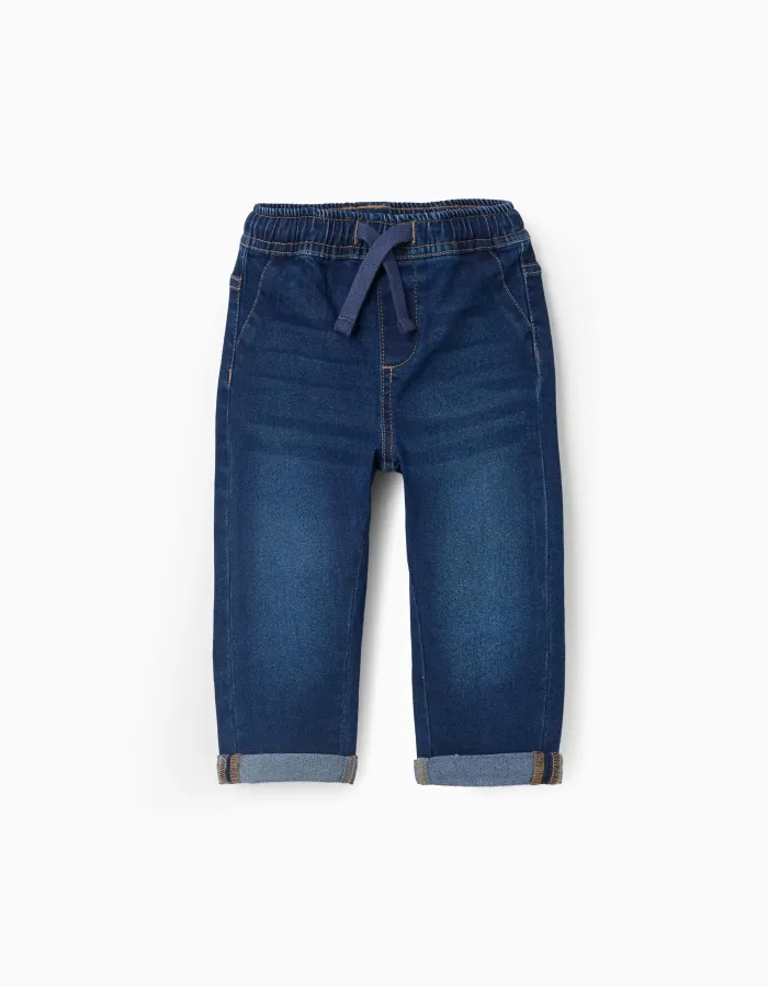 Slim jeans with drawstring for baby boys, dark blue