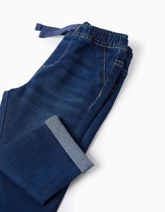 Slim jeans with drawstring for baby boys, dark blue