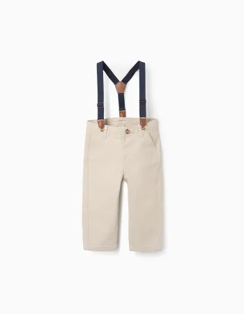 Twill trousers with removable braces for baby boys, light beige