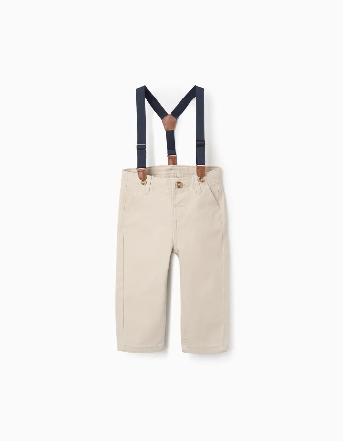 Twill trousers with removable braces for baby boys, light beige