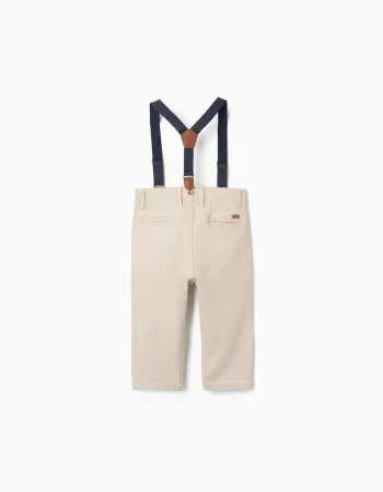 Twill trousers with removable braces for baby boys, light beige