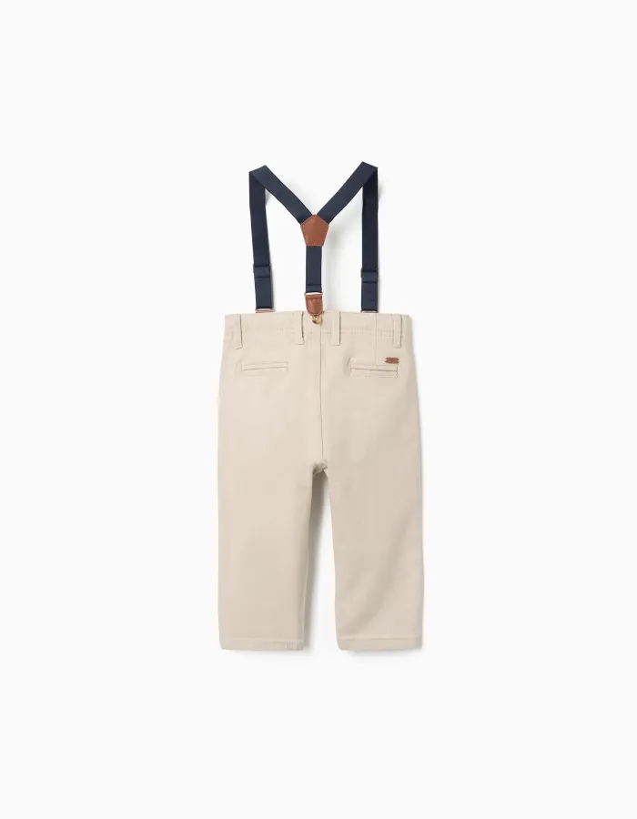 Twill trousers with removable braces for baby boys, light beige
