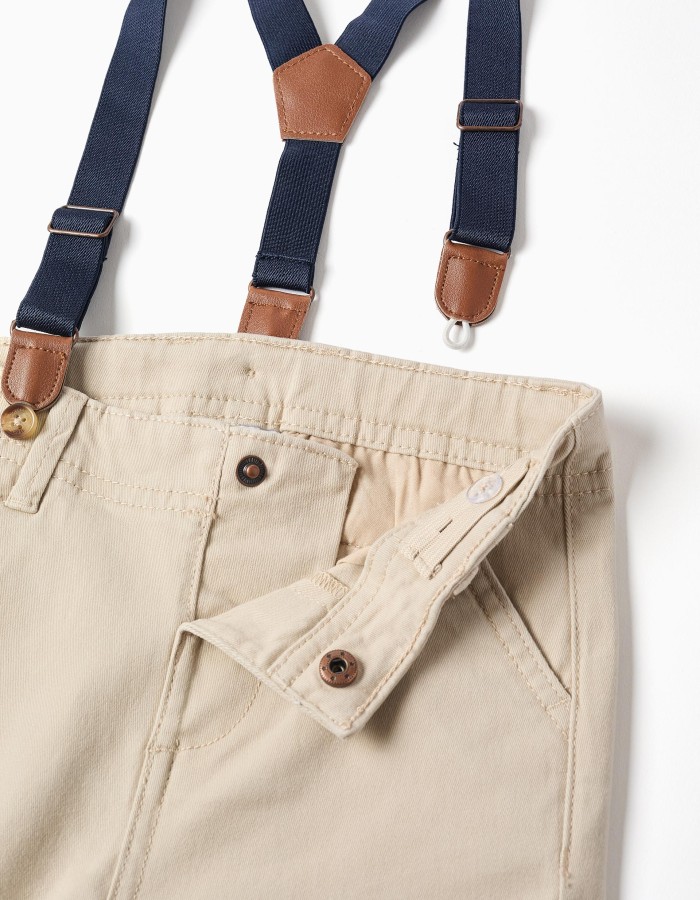 Twill trousers with removable braces for baby boys, light beige