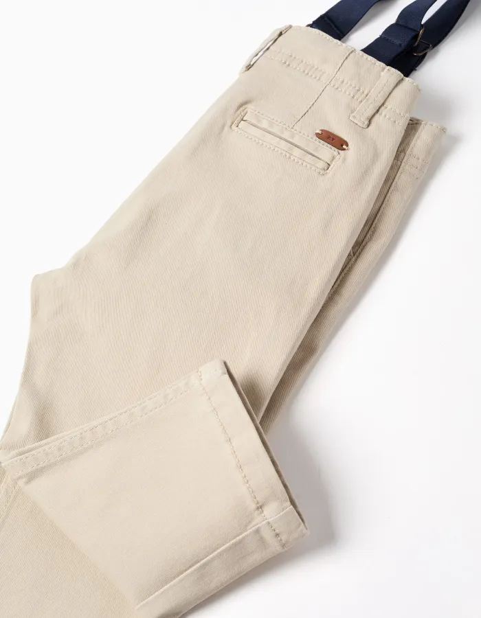 Twill trousers with removable braces for baby boys, light beige