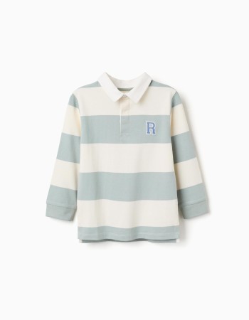 Long sleeve polo shirt with stripes for boys, white/light green