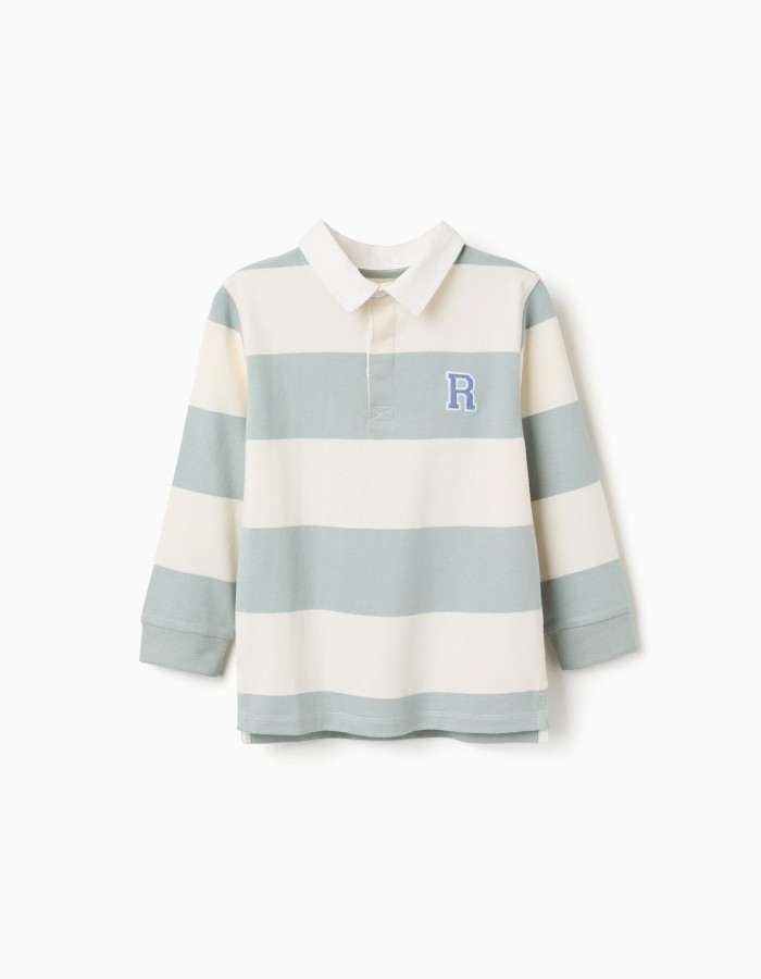 Long sleeve polo shirt with stripes for boys, white/light green
