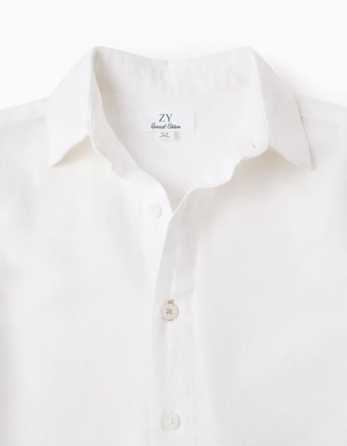 Shirt in Viscose, Cotton and Linen for Boys, White