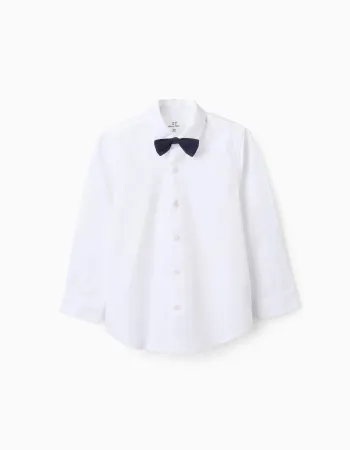 Cotton Shirt with Bow for Boys, White/Dark Blue