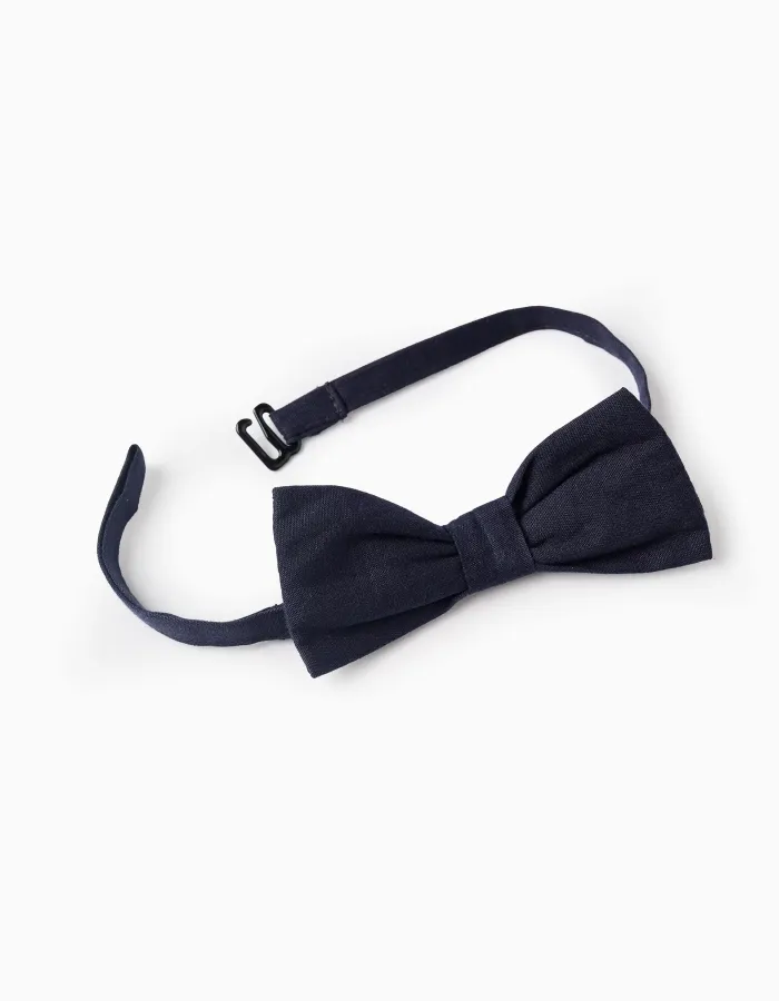 Cotton Shirt with Bow for Boys, White/Dark Blue