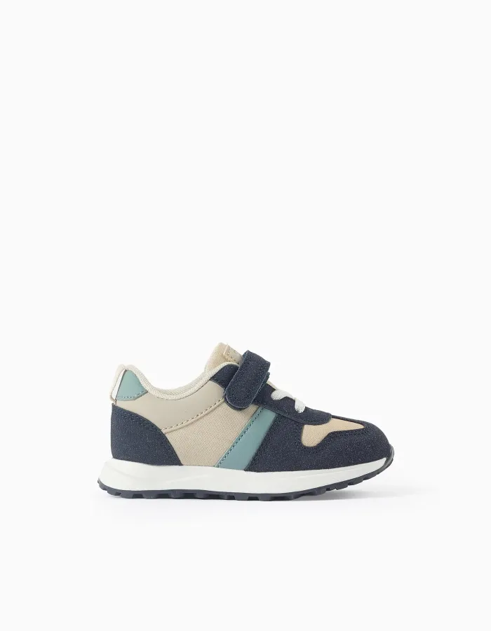 Combined trainers with touch-fastening strap for baby boys, beige/blue