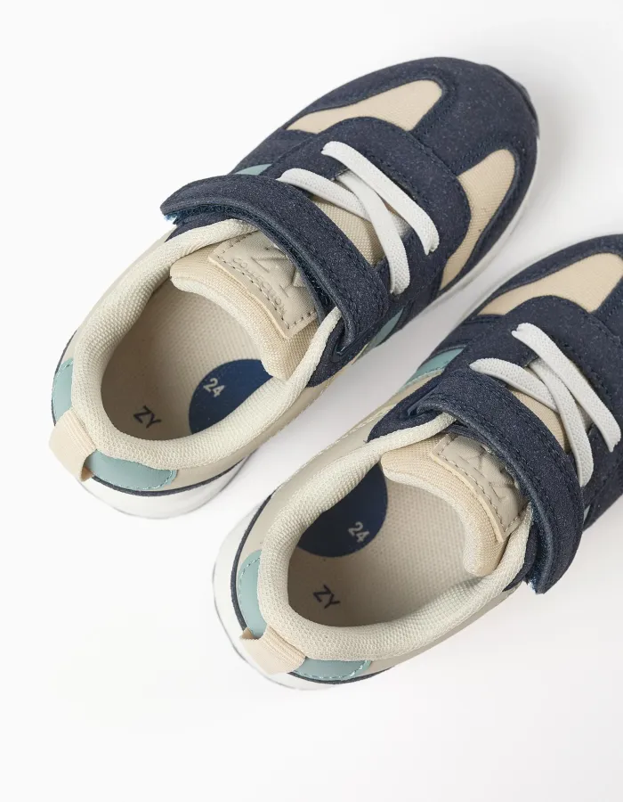 Combined trainers with touch-fastening strap for baby boys, beige/blue
