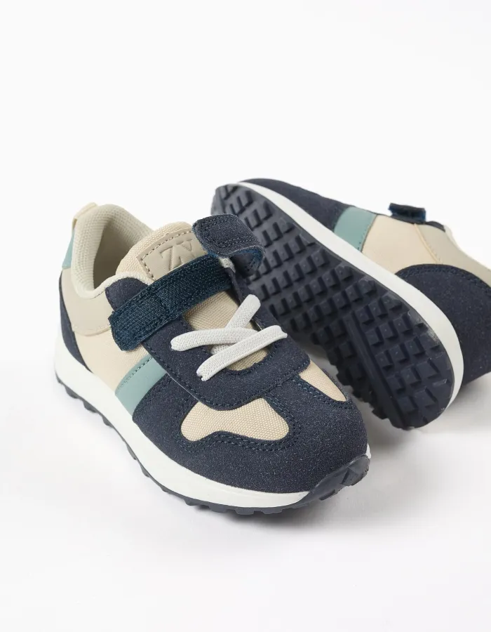 Combined trainers with touch-fastening strap for baby boys, beige/blue