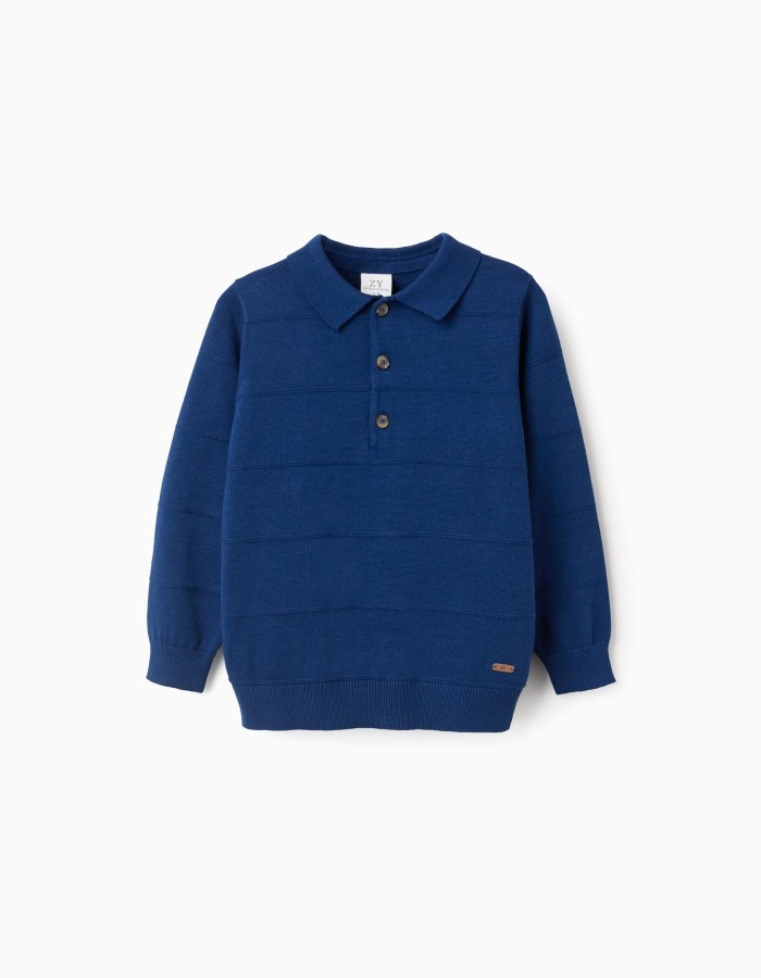 Cotton knit jumper with embossed lines for boys, blue