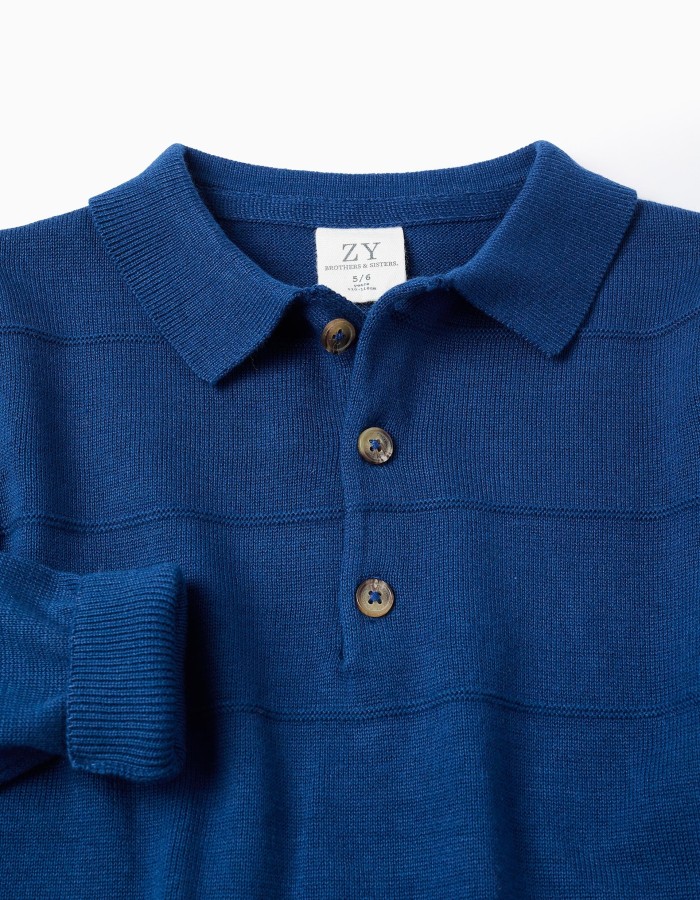 Cotton knit jumper with embossed lines for boys, blue