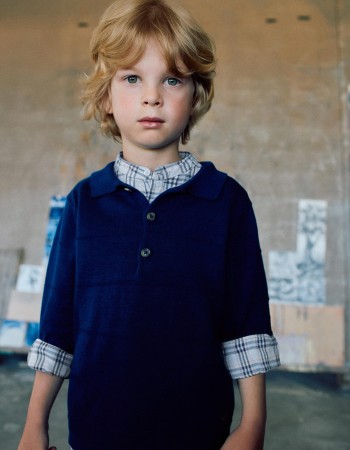 Cotton knit jumper with embossed lines for boys, blue