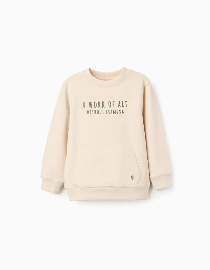 Cotton sweatshirt with Work of Art print for boys, light beige