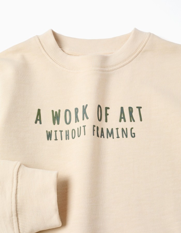 Cotton sweatshirt with Work of Art print for boys, light beige