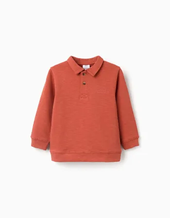 Cotton sweatshirt with polo collar and print for boys, orange
