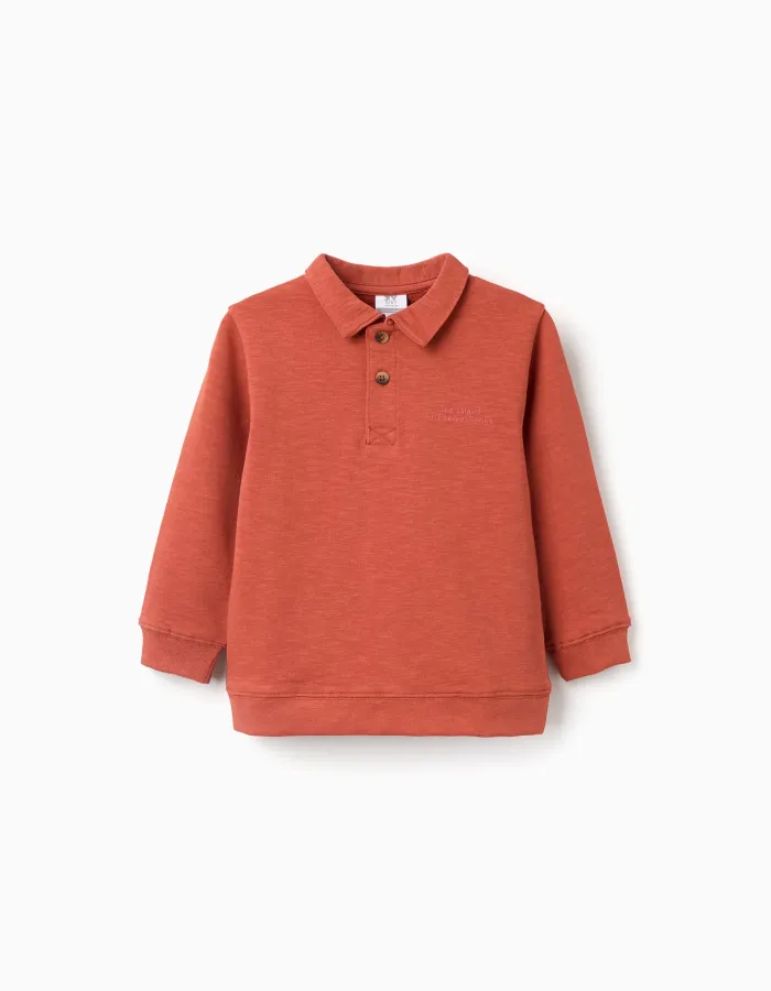 Cotton sweatshirt with polo collar and print for boys, orange