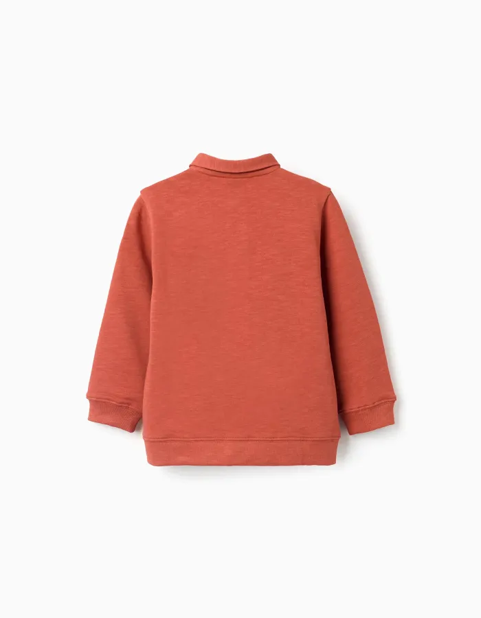 Cotton sweatshirt with polo collar and print for boys, orange