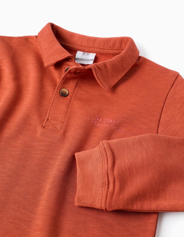 Cotton sweatshirt with polo collar and print for boys, orange