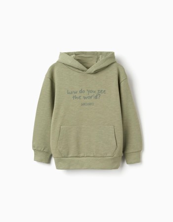 Cotton hooded sweatshirt with Lanzarote print for boys, khaki green