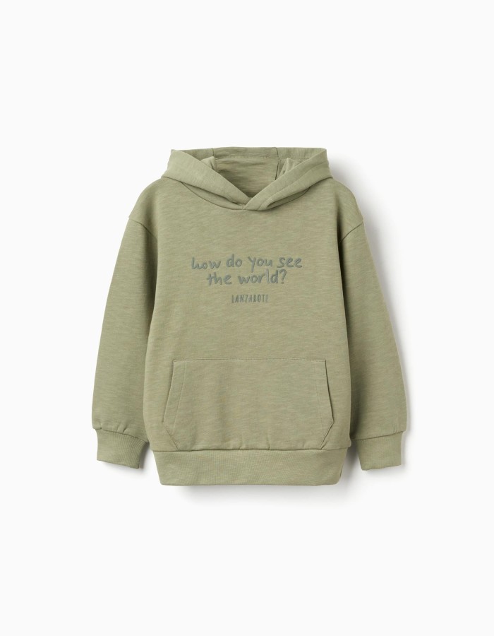 Cotton hooded sweatshirt with Lanzarote print for boys, khaki green