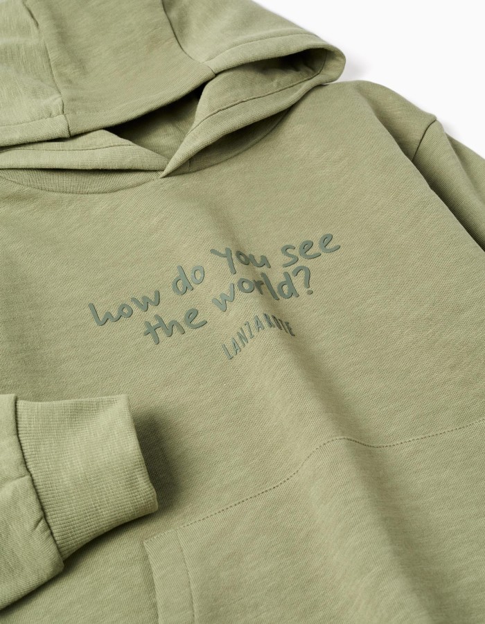 Cotton hooded sweatshirt with Lanzarote print for boys, khaki green