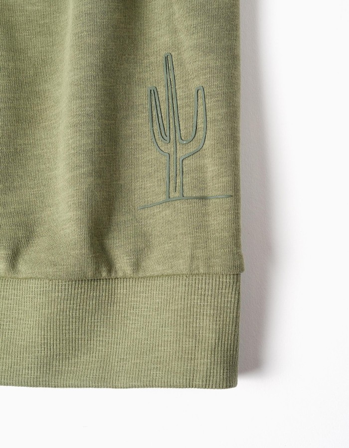 Cotton hooded sweatshirt with Lanzarote print for boys, khaki green