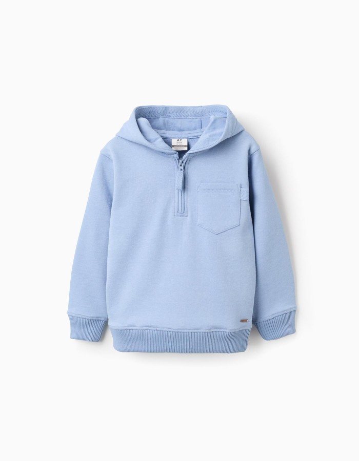 Half-zip cotton sweatshirt with hood for boys, light blue