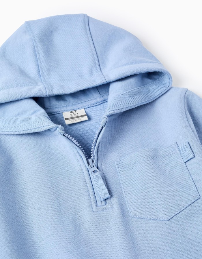 Half-zip cotton sweatshirt with hood for boys, light blue