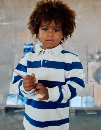 Striped cotton sweatshirt with polo collar for boys, white/blue