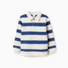 Striped cotton sweatshirt with polo collar for boys, white/blue