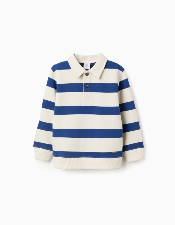 Striped cotton sweatshirt with polo collar for boys, white/blue