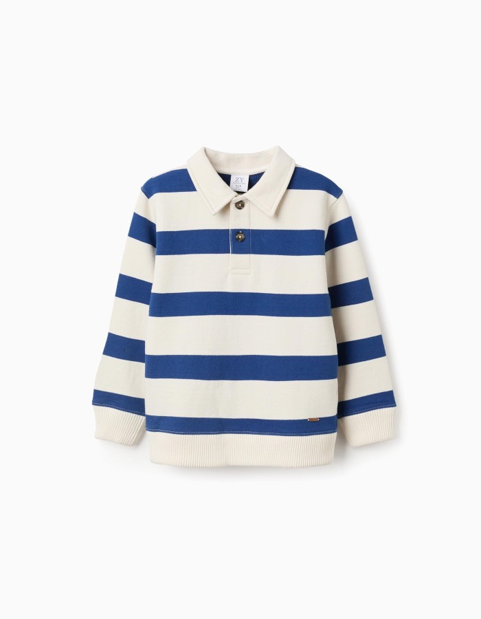 Striped cotton sweatshirt with polo collar for boys, white/blue